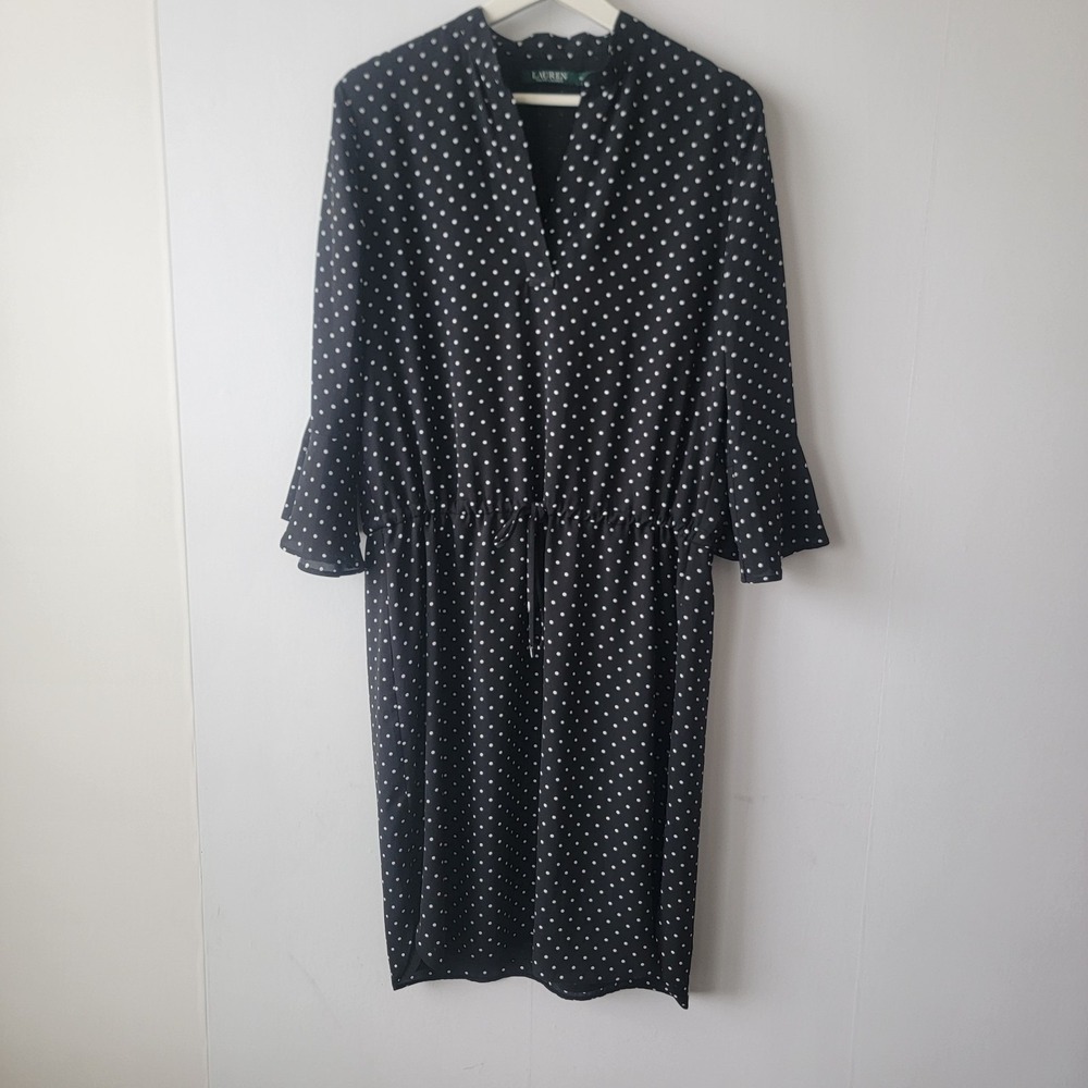 Lauren Ralph Lauren polka dots V-neck dress size 10 ruffled drawstring waist